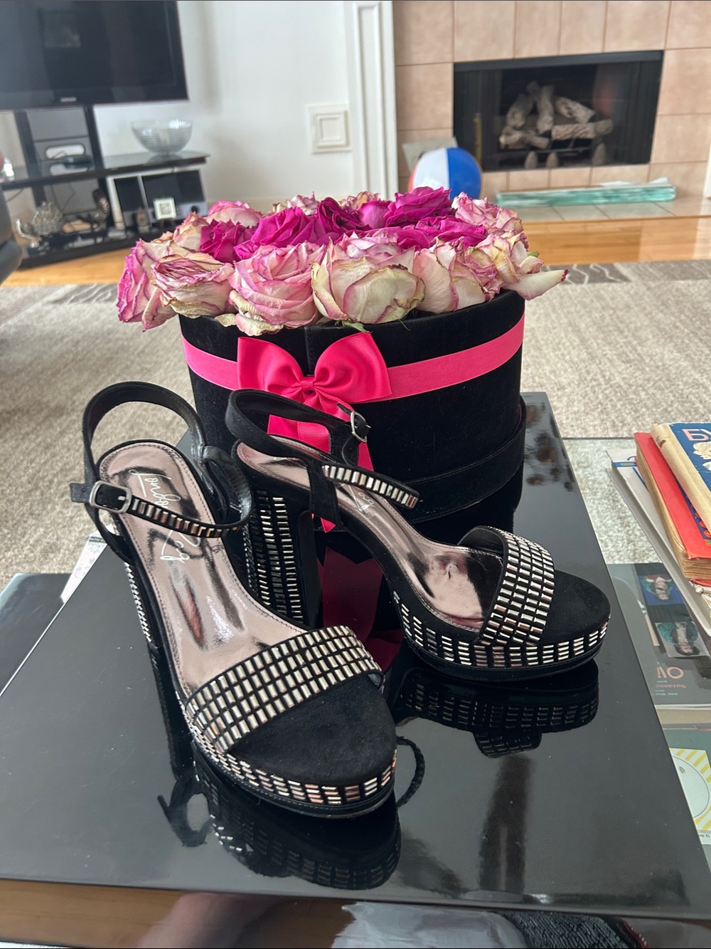 Black Embellished Platform Slingback Heels